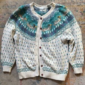Vintage Duck Pattern Knit Cardigan Sweater Women’s Large Teal Fair Isle Yoke